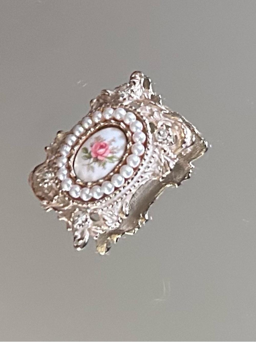 Vintage Floral Pink Rose Cameo Brooch with Pearled Frame